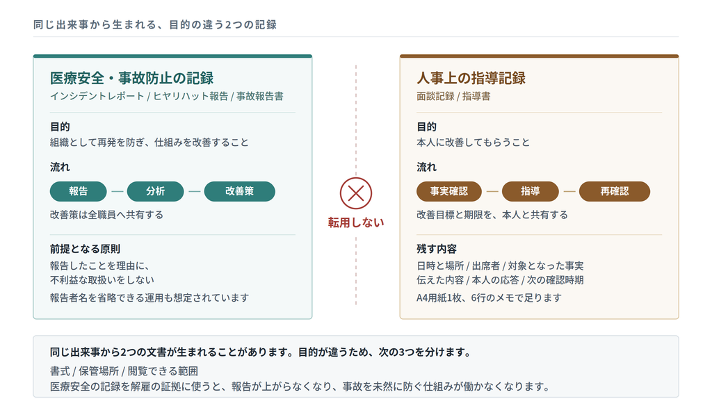 医療安全の報告と人事上の指導記録を分けて管理する2つの流れ|キャプション:同じ出来事から生まれる2種類の記録。目的が異なるため、書式・保管・閲覧範囲を分ける